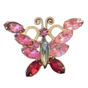 Vintage Rhinestone Butterfly Brooch Pink Red Aurora Borealis Wings MCM Costume